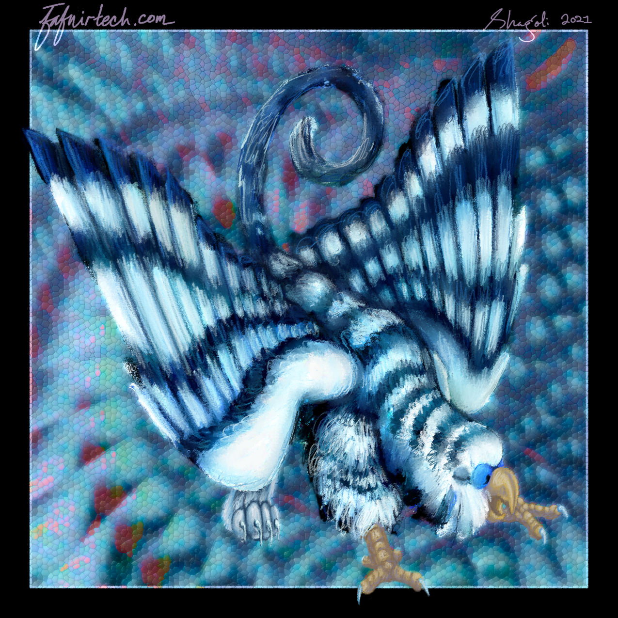 Guillam, a budgie and housecat gryphon, painted for Art Fight 2021.