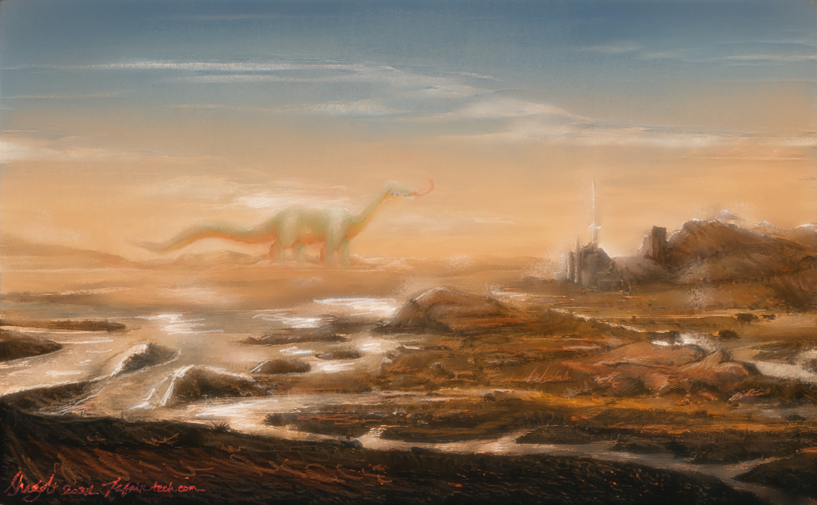 Kevin, an alien worm creature, crossing a wasteland. Painted for Art Fight 2021.